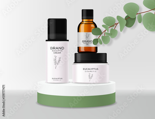 Realistic eucalyptus cosmetics set, beauty lotion bottle cosmetics, eucayptus design, treatment cosmetics collection vector, beauty cosmetics on eucalyptus background