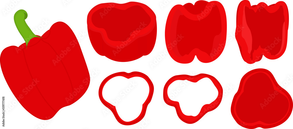 Bulgarian pepper, paprika, bell pepper. Whole, half, cut and sliced peppers. Sliced pepper slices. Whole and slices. Vegetable rings, seasoning for cooking. Vector illustration isolated Bulgarian pepper, paprika, bell pepper. Whole, half, cut and sliced peppers. Sliced pepper slices. Whole and slices. Vegetable rings, seasoning for cooking. Vector illustration isolated