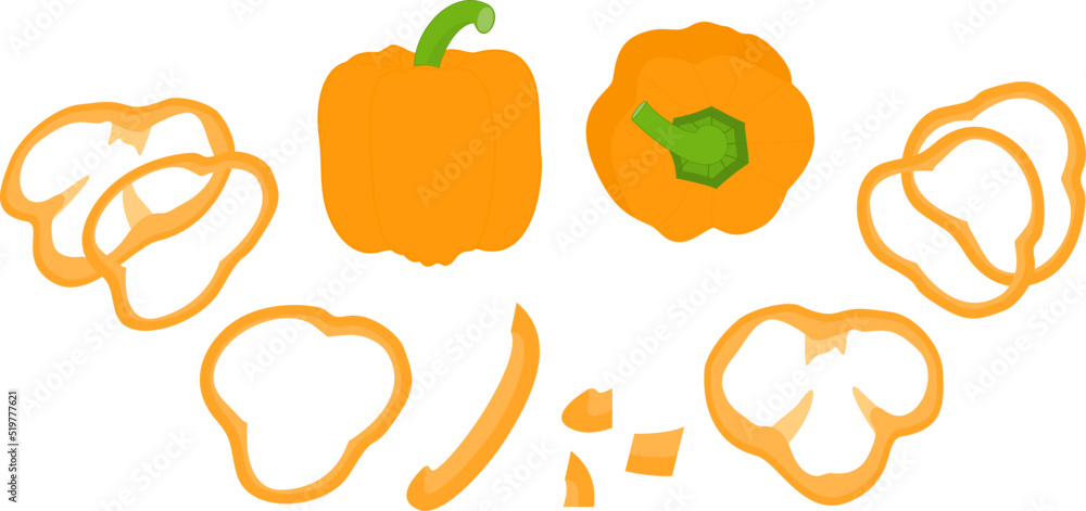 Bulgarian pepper, paprika, bell pepper. Whole, half, cut and sliced peppers. Sliced pepper slices. Whole and slices. Vegetable rings, seasoning for cooking. Vector illustration isolated Bulgarian pepper, paprika, bell pepper. Whole, half, cut and sliced peppers. Sliced pepper slices. Whole and slices. Vegetable rings, seasoning for cooking. Vector illustration isolated