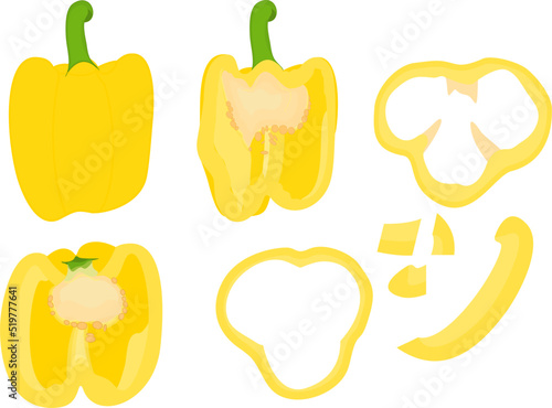 Bulgarian pepper, paprika, bell pepper. Whole, half, cut ​​and sliced ​​peppers. Sliced ​​pepper slices. Whole and slices. Vegetable rings, seasoning for cooking. Vector illustration isolated