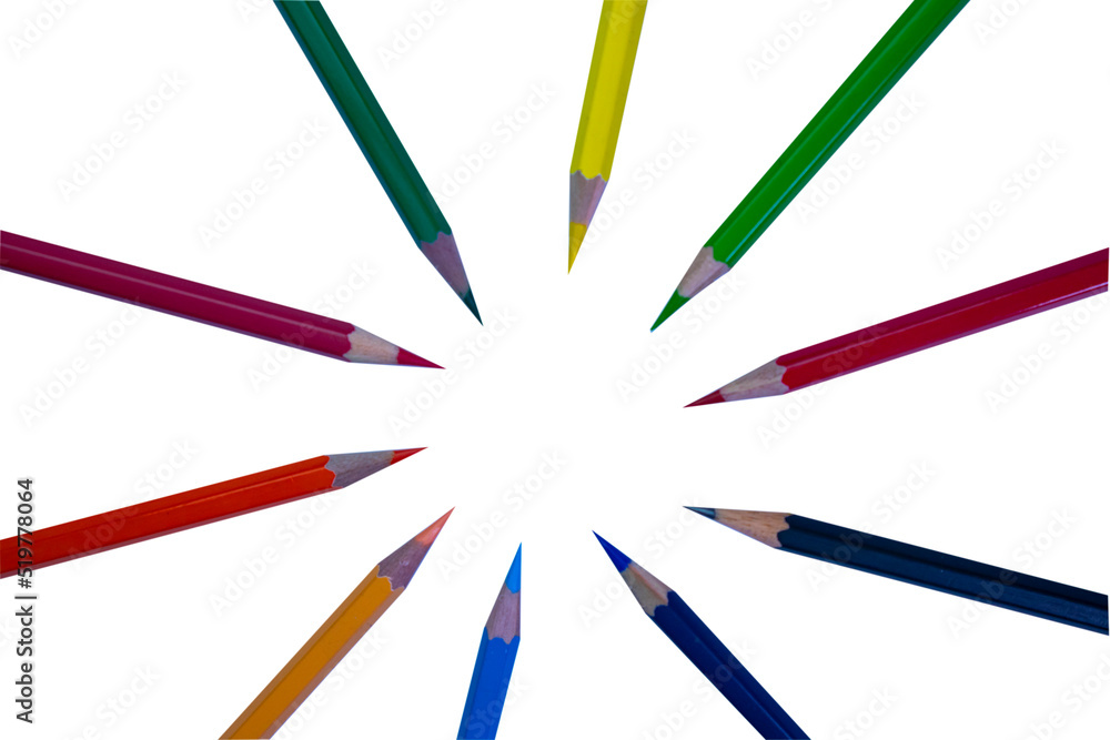circle colored pencils Isolated on white background close-up. Beautiful colored pencils. Colored pencils for drawing