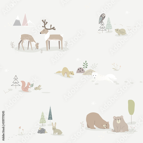 Scandinavian animal pattern for baby fabric wallpaper cartoon wild character deer bear rabbit winter background design
