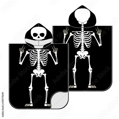 Kid towel with hood and skelton design. Technical sketch. Vector illustration.