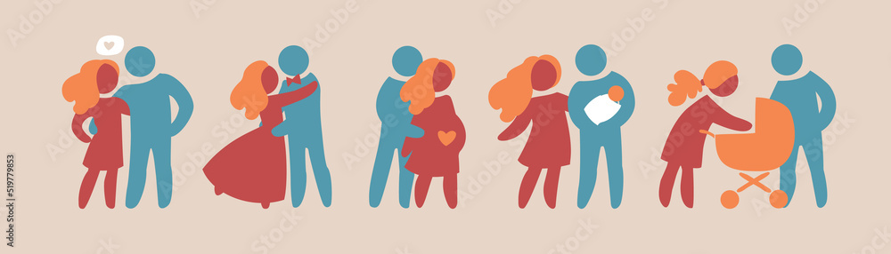 Happy family icon multicolored in simple figures set. Part 1. Dad, mom and little baby stand together. Parents and stroller. Vectors can be used as logotype. Happy family icon multicolored in simple figures set. Part 1. Dad, mom and little baby stand together. Parents and stroller. Vectors can be used as logotype.