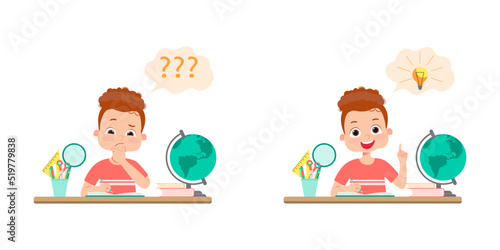 Cute little kid do homework and find the answer. Vector cartoon colorful flat illustration	