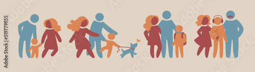 Happy family icon multicolored in simple figures set. Part 2. Dad, mom and little baby stand together. Parents and children. Vectors can be used as logotype or cutting