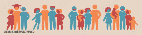 Happy family icon multicolored in simple figures set. Part 3. Dad, mom and ltheir adult baby stand together. Parents become grandparents. Family and children. Vectors can be used as logotype