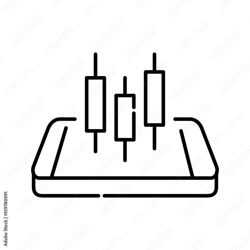 Stock trading mobile phone app. Candlestick chart on an isometric smartphone. Pixel perfect, editable stroke line icon Stock trading mobile phone app. Candlestick chart on an isometric smartphone. Pixel perfect, editable stroke line icon