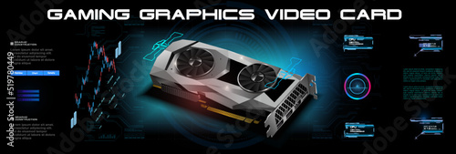 Mockup of Realistic video card for computer. Realistic model graphics card. Powerful graphics card for video games and information processing Cyber-banner