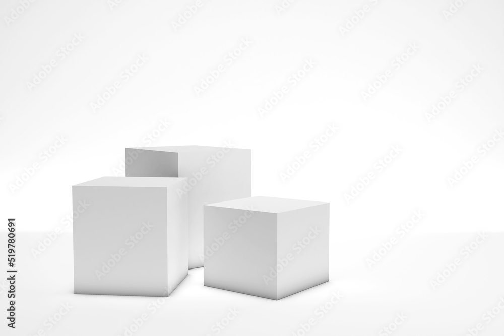 Obraz premium White cube boxes on white background for display. 3d rendering.