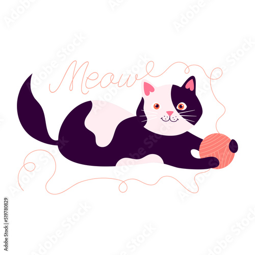 Vector illustration isolated on white background with cute cat playing with yarn