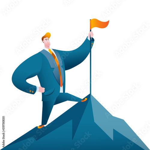 A man in a business suit stands with a flag on top of a mountain. An illustration on the topic of conquering the peaks in business.