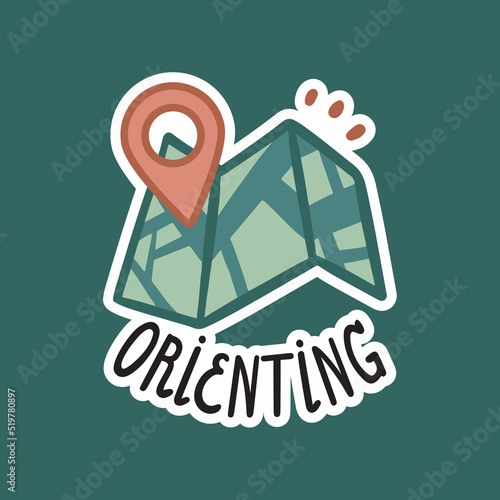 Orienteering. Lettering sticker, paper folded map with marker or pointer. White stroke. Vector doodle cartoon style.