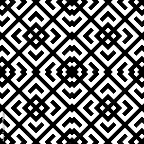 Seamless Chinese window tracery surface pattern design. Repeated white diamonds, brackets, chevrons on black background. Ancient ethnic ornament wallpaper. Oriental motif, textile print. Vector art.