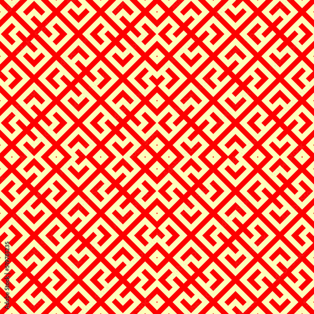 Seamless Chinese window tracery surface pattern. Asian lattice design. Repeated yellow rhombus scrolls, knots, brackets, diamonds on red background. Ancient ethnic ornament wallpaper. Oriental motif. Seamless Chinese window tracery surface pattern. Asian lattice design. Repeated yellow rhombus scrolls, knots, brackets, diamonds on red background. Ancient ethnic ornament wallpaper. Oriental motif.