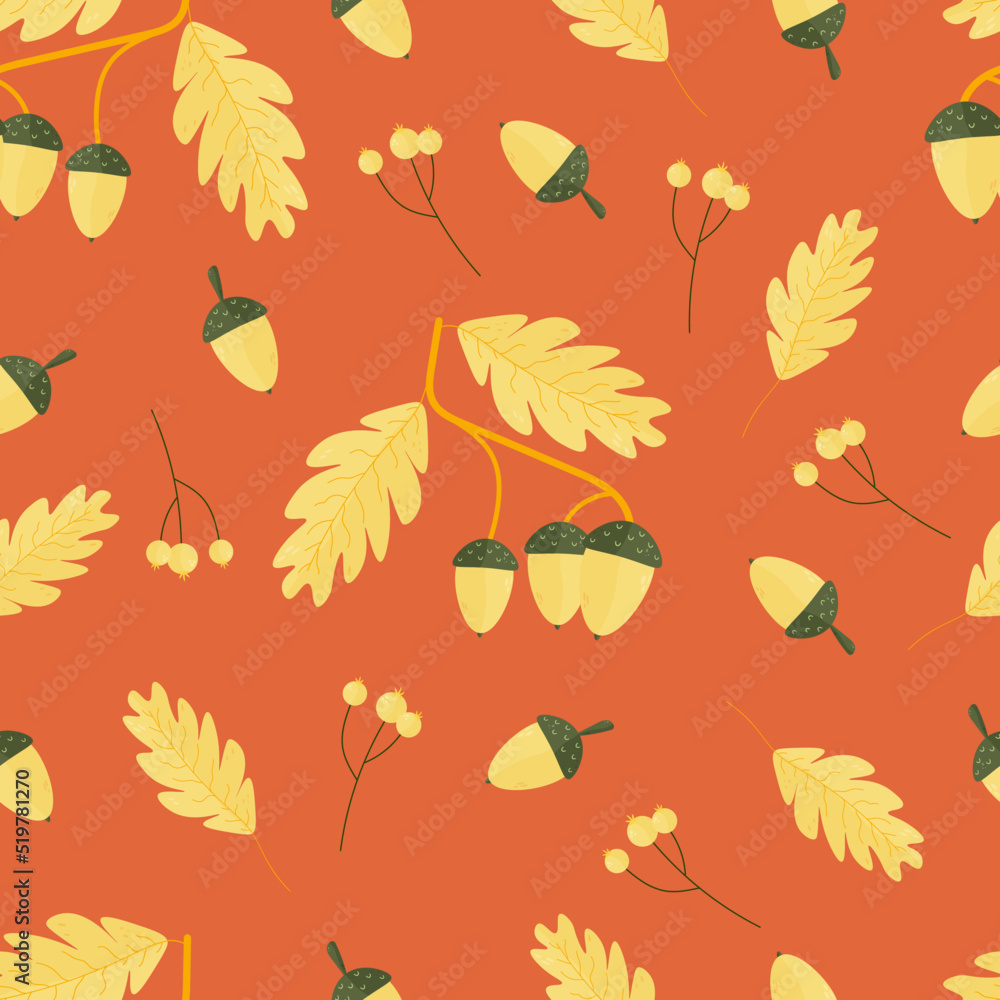 Obraz premium Seamless print of leaves of birch, oak, chestnut, berries. Autumn cozy background for text, printing on fabric, office, wallpaper, paper scrapbooking. Vector illustration with botanical elements.