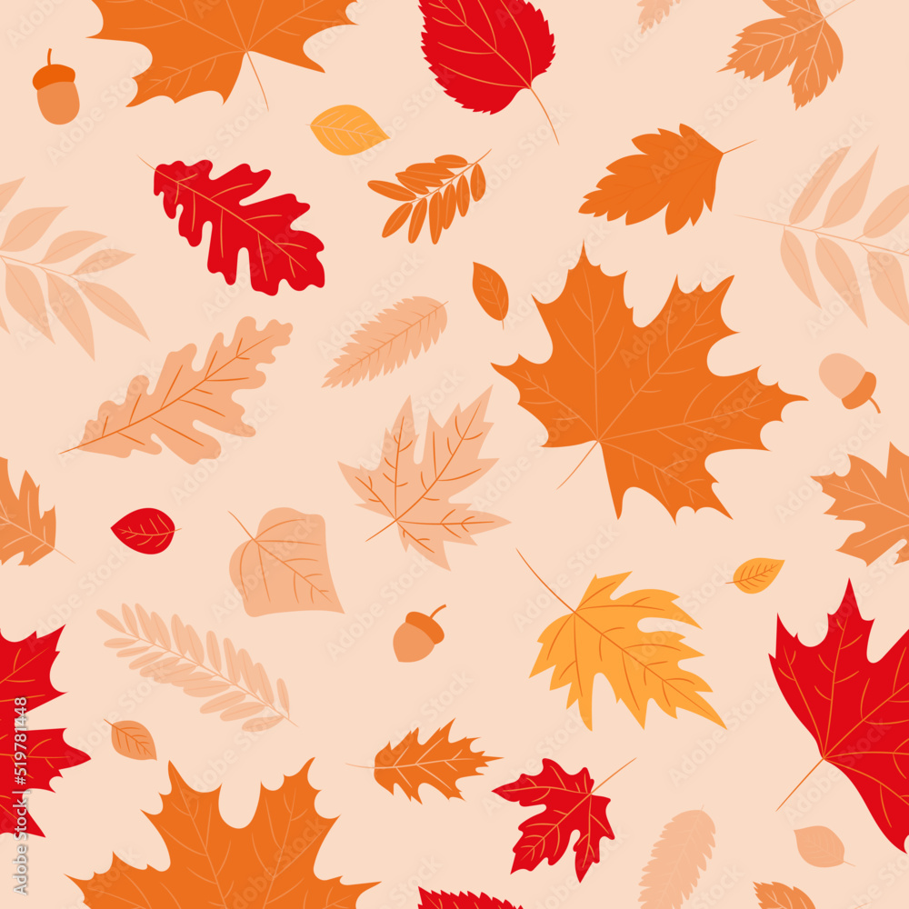 Seamless pattern autumn leaves of a maple, oak, birch tree. Fall yellow, orange, red leaf texture on the beige background. Foliage backdrop design for autumn sale, template for banner or textile.