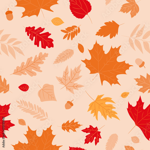 Seamless pattern autumn leaves of a maple  oak  birch tree. Fall yellow  orange  red leaf texture on the beige background. Foliage backdrop design for autumn sale  template for banner or textile.