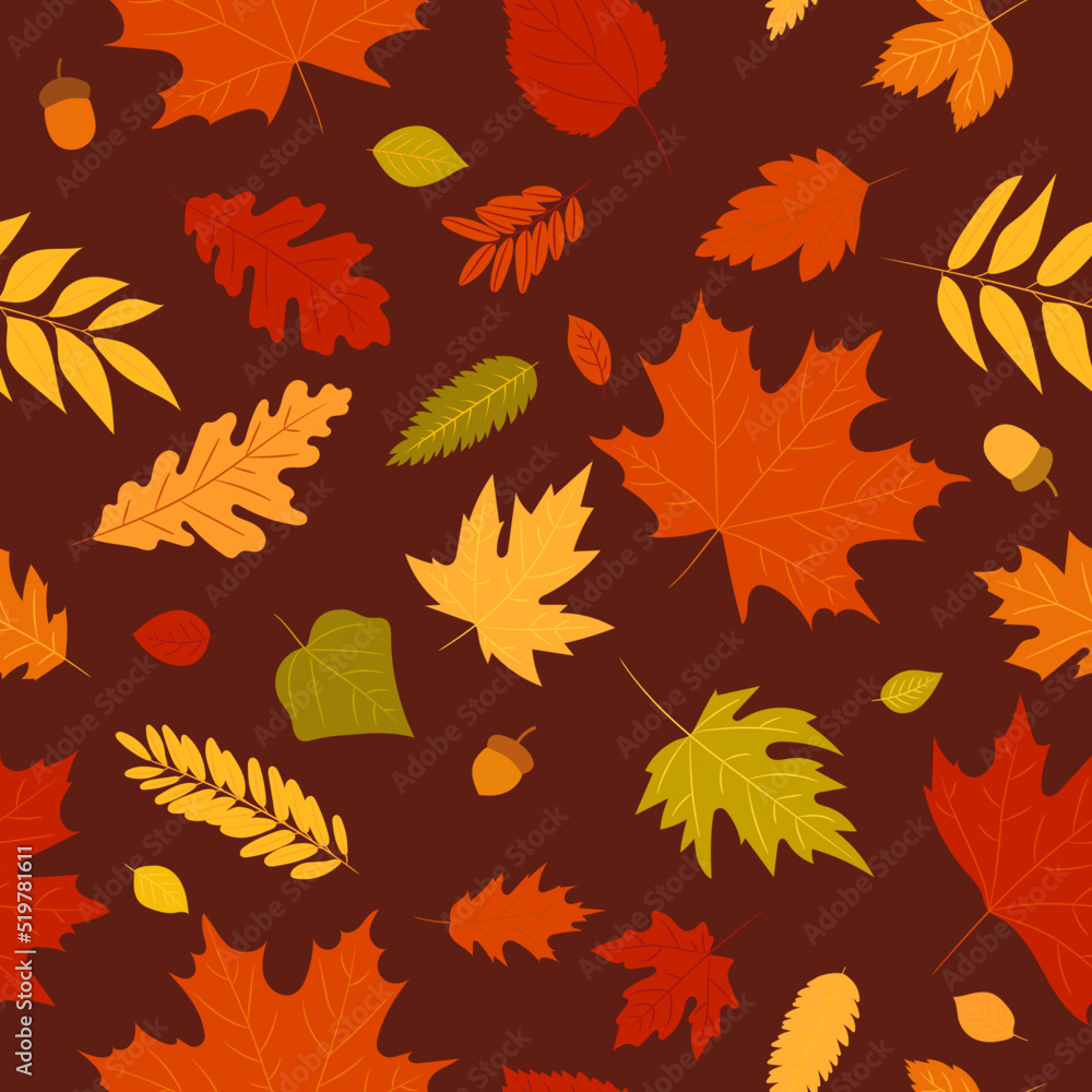 Seamless pattern autumn leaves of a maple, oak, birch tree. Fall yellow, orange, red leaf texture on the brown background. Foliage backdrop design for autumn sale, template for banner or textile. Seamless pattern autumn leaves of a maple, oak, birch tree. Fall yellow, orange, red leaf texture on the brown background. Foliage backdrop design for autumn sale, template for banner or textile.