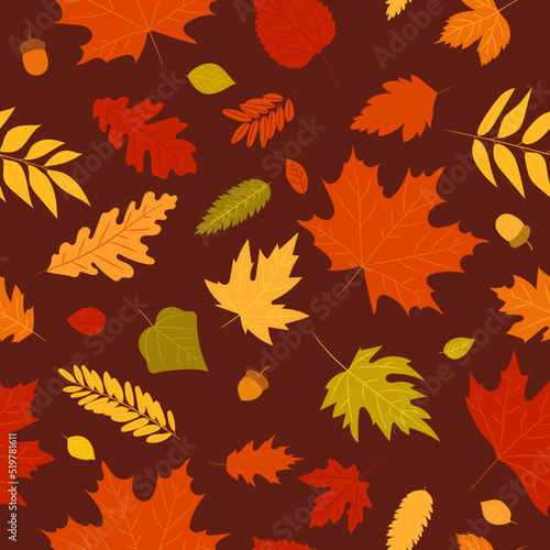 Seamless pattern autumn leaves of a maple, oak, birch tree. Fall yellow, orange, red leaf texture on the brown background. Foliage backdrop design for autumn sale, template for banner or textile.
