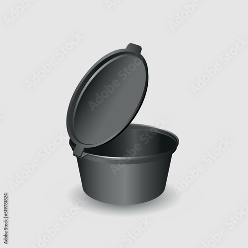 Realistic 3d detailed black sauce container with lid isolated on white background. Vector illustration of plastic packaging or cup