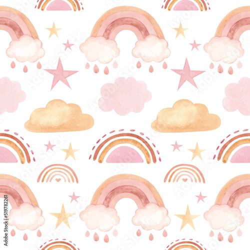 Watercolor rainbow and stars pattern. Vector illustration