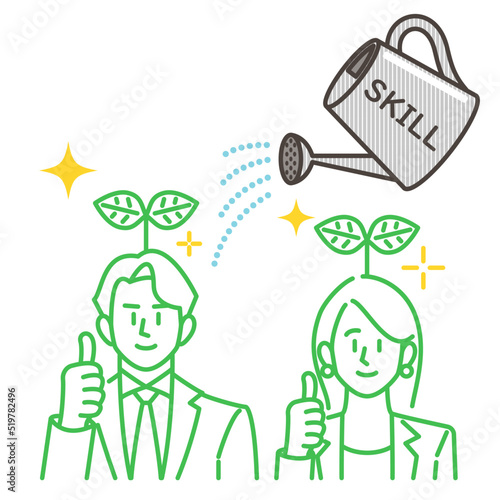 Image of skill development and human resource development. Sprouting from male and female business people [Vector illustration].