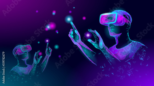 3D virtual reality helmet Metaverse concept. Augmented reality cyberspace internet web game online battle. Digital competition gaming cup. Neon light vector illustration
