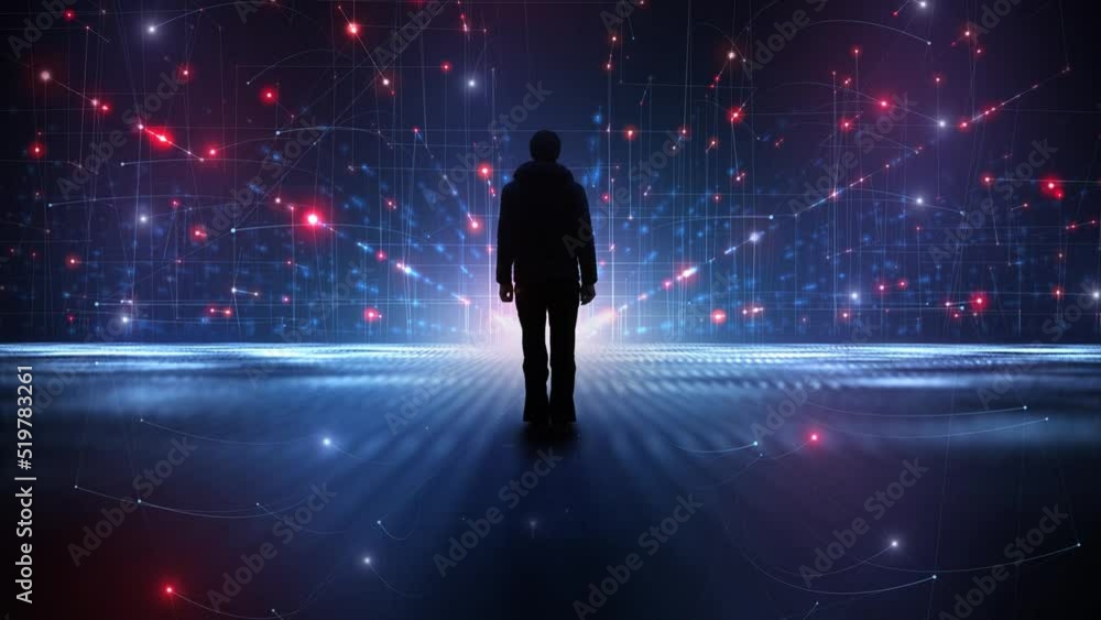 Futuristic augmented digital artificial intelligence man silhouette standing animation background. Futuristic augmented digital artificial intelligence man silhouette standing animation background.