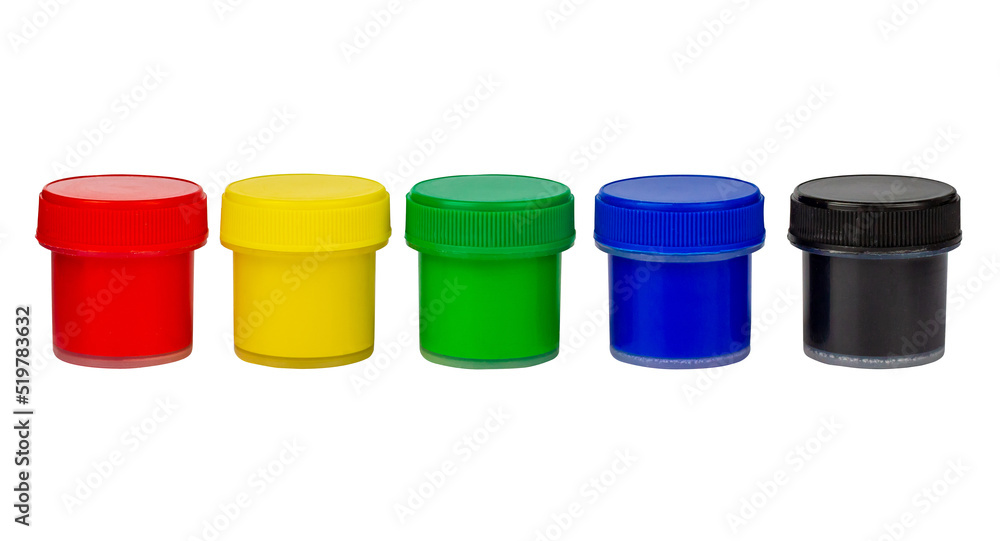Gouache on a white background. Jars of paint isolated on white. Colored paint. Gouache on a white background. Jars of paint isolated on white. Colored paint.