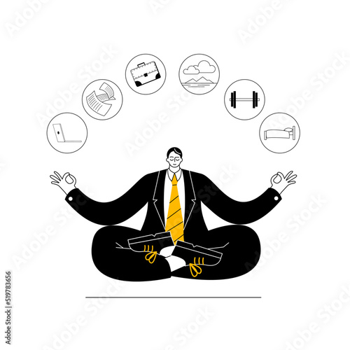 A man in business clothes meditates in the lotus position. Vector two-color illustration on the theme of relaxation and balance in life.