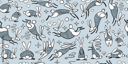 Symbol of chinese new year 2023 rabbit zodiac sign. Funny Bunnies seamless pa...