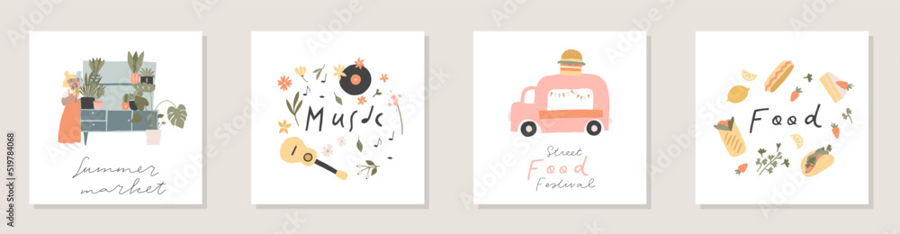 Collection of square summer cards with handwritten lettering, summer people and seasonal decorations - leaves, flowers, flags, food, fruit elements. Flat colored vector illustration Collection of square summer cards with handwritten lettering, summer people and seasonal decorations - leaves, flowers, flags, food, fruit elements. Flat colored vector illustration