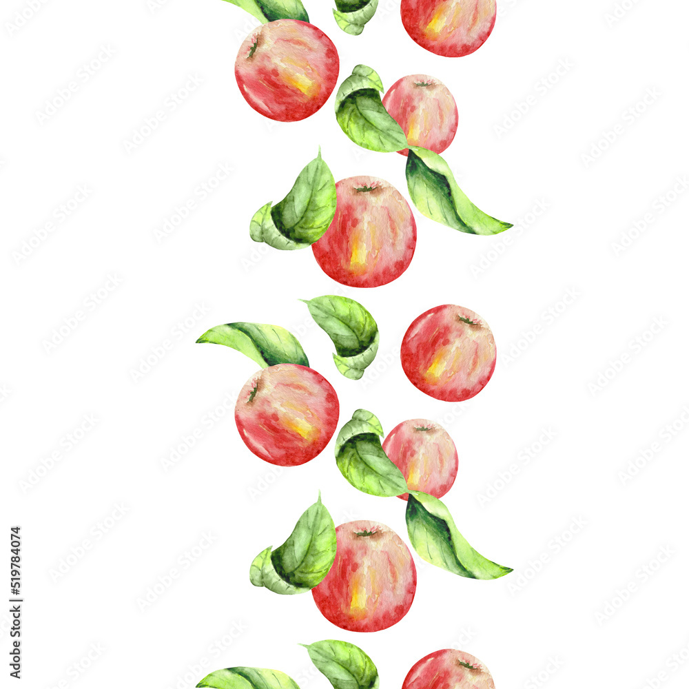 Seamless pattern with delicate flowers, green leaves and an apple. Watercolor background of flowers and fruits for textiles, wallpaper, packaging, office and bed linen. Seamless pattern with delicate flowers, green leaves and an apple. Watercolor background of flowers and fruits for textiles, wallpaper, packaging, office and bed linen.