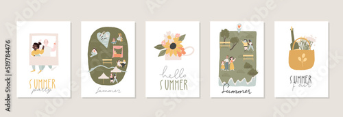 Collection of A4 summer cards with handwritten lettering, summer people and seasonal decorations - leaves, flowers, flags, food, fruit elements. Flat colored vector illustration