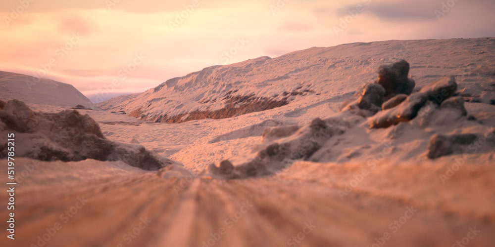 Road with tire tracks in a winter snow landscape at sunrise. 3D render.