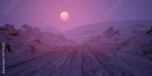 Road with tire tracks in a winter snow landscape at susnet. 3D render.