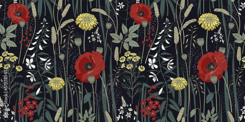 Wild flowers and herbs seamless pattern.