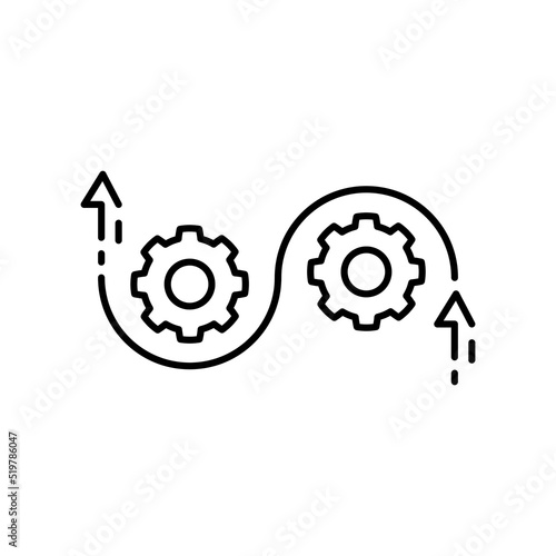 Agile process icon, flexible work software, methodology development, arrow with gears, thin line symbol on white background - editable stroke vector illustration