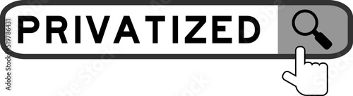 Search banner in word privatized with hand over magnifier icon on white background