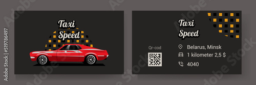 Black and red business card taxi card with the image of a taxi car. the reverse side of the business card with contacts.