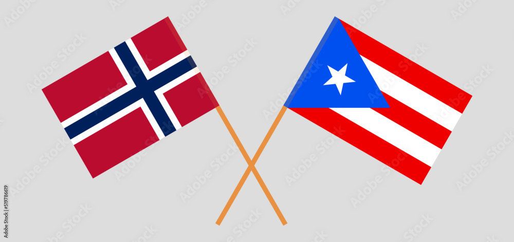 Crossed flags of Norway and Puerto Rico. Official colors. Correct proportion