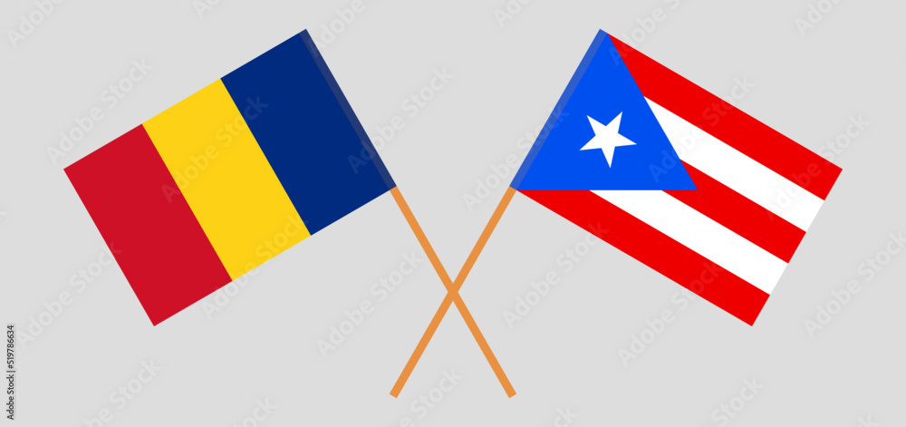 Crossed flags of Romania and Puerto Rico. Official colors. Correct proportion