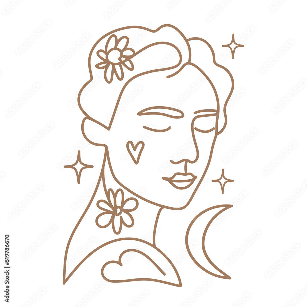 Vector illustration with one line hand drawn woman portrait with moon, stars, flowers and hearts. Beauty fashion self care female print design, girl linear logo or icon boho concept art