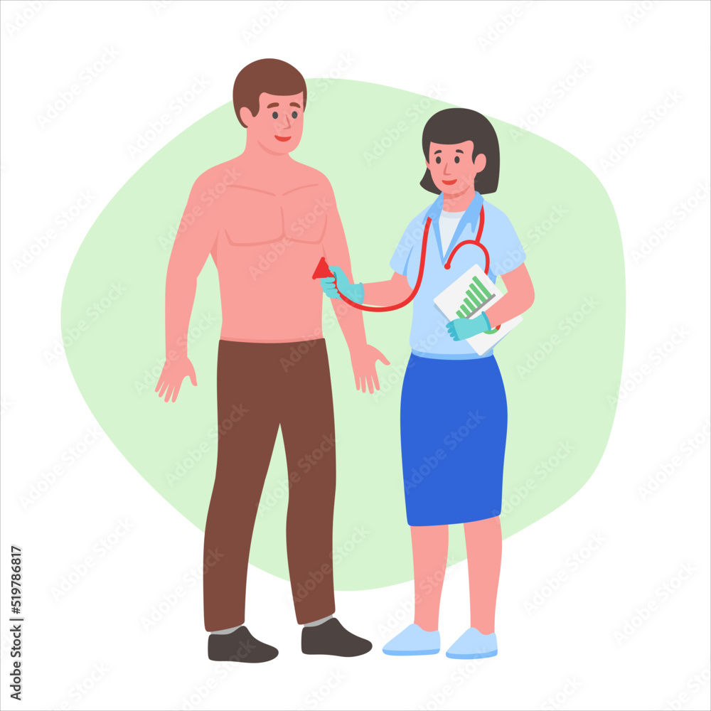 Doctor woman examination with a stethoscope man lungs vector illustration Doctor woman examination with a stethoscope man lungs vector illustration