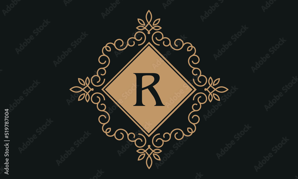 Luxury vector logo template for restaurant, royalty boutique, cafe, hotel jewelry, fashion. Floral monogram with the letter R.