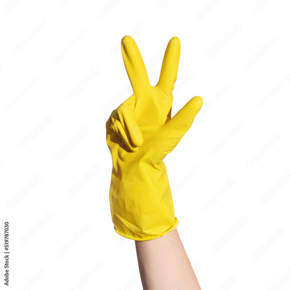 Hand in yellow cleaning glove on white background isolate, Victory gesture 2 fingers up, All done Hand in yellow cleaning glove on white background isolate, Victory gesture 2 fingers up, All done