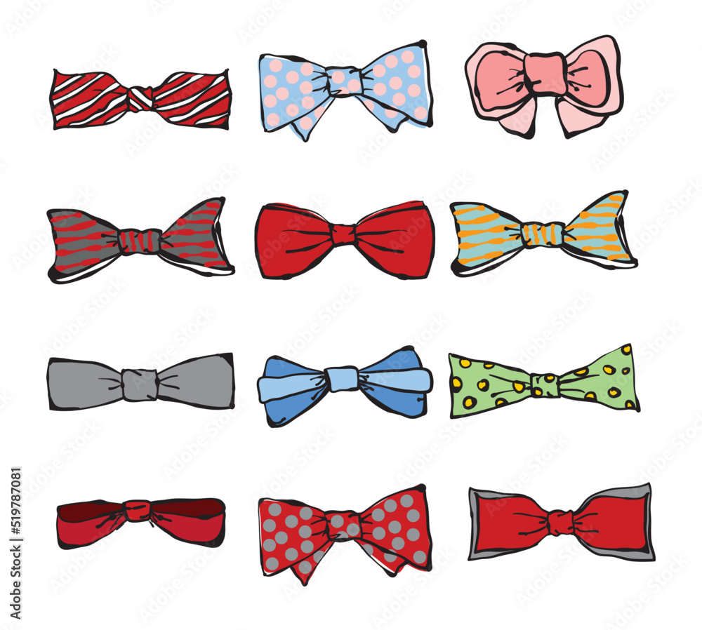 Fashion tie bow accessories cartoon with tied ribbons set for Christmas invitation. Color bow for lady and gentleman for gift birthday Fashion tie bow accessories cartoon with tied ribbons set for Christmas invitation. Color bow for lady and gentleman for gift birthday