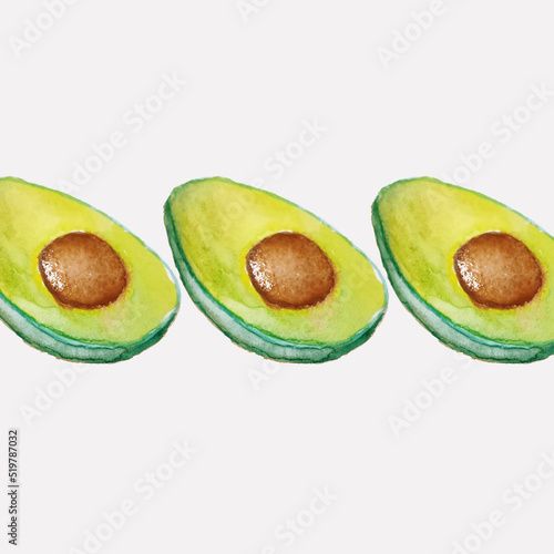 Avocado slice pattern. Watercolor illustration isolated on white background. For print greeting cards, wrapping paper, stickers decor, packaging, textile menu.