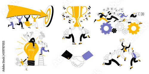 The concept of a vector illustration in a flat style on the theme of teamwork and joint solutions. A set of vector illustrations with characters.